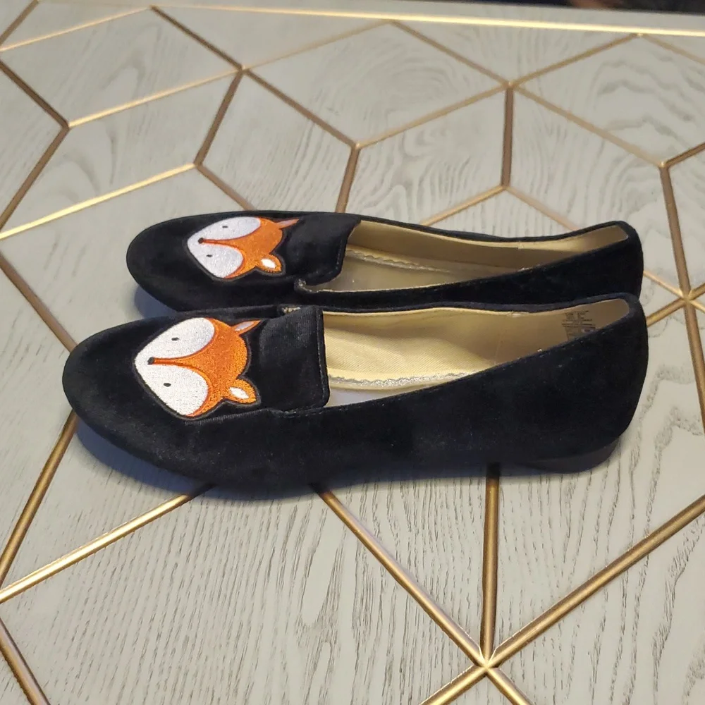 Lands'end Black Velvet Girl's Slip-On Flats with Orange Fox. Size 4M.